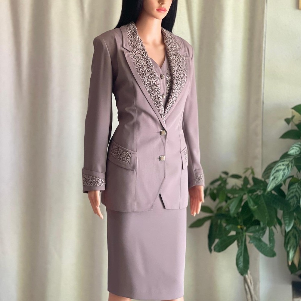 Vtg 90s Womens 3 Piece Skirt Suit Set Taupe Embroidered Modest Church Suit 40‎